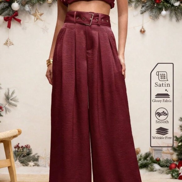 Burgundy Elegant Women's Pleated High Waist Wide Leg Pants with Belt - Picture 7 of 7
